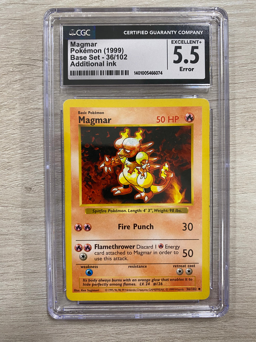 [ERROR] Magmar - 36/102 - CGC 5.5 - Additional ink (blue flame) - Uncommon - Base set - Shadowless [Exc]